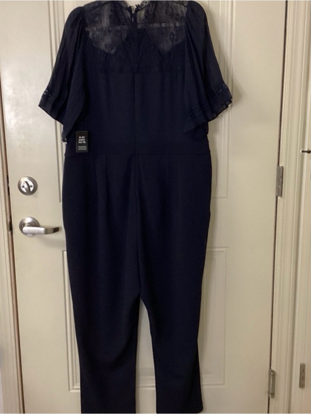 Express Navy Blue Lace-Yoke Wide Sleeve Jumpsuit - Picture 6 of 12